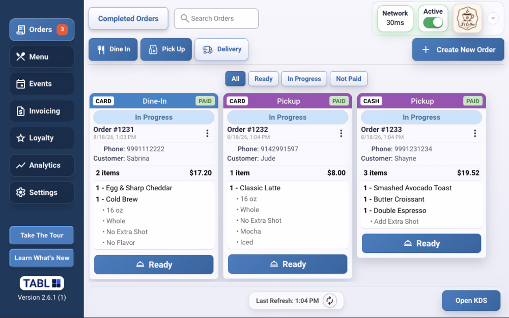 TABL live order queue showing connected coffee shop orders and their status