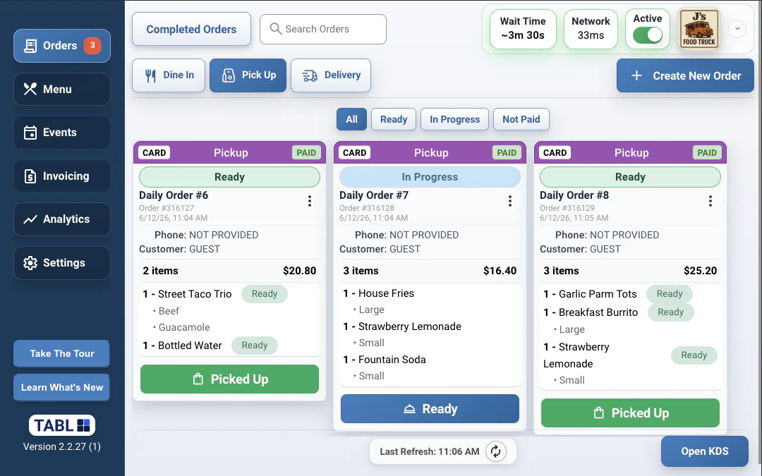 TABL Portal order queue screen for food truck service